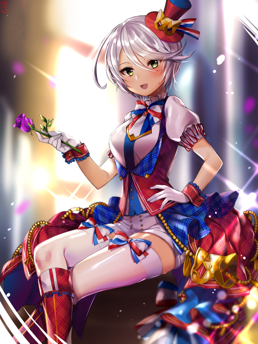 :d bad_id bad_pixiv_id crossed_legs female gambe gloves green_eyes hand_on_own_hip hat highres open_mouth pretty_series pripara puffy_sleeves shikyoin_hibiki short_hair shorts sitting smile solo top_hat white_gloves white_hair