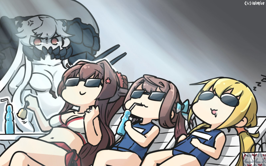 4girls :3 abyssal_ship anger_vein asagumo_(kancolle) blonde_hair blue_one-piece_swimsuit breasts brown_hair commentary dated drinking drinking_straw drooling flower hair_between_eyes hair_flower hair_ornament hamu_koutarou highres kantai_collection kunihiko_moriguchi large_breasts long_hair low_twintails midway_princess mitsukoshi_(department_store) multiple_girls one-piece_swimsuit orange_eyes pink_flower ponytail ramune satsuki_(kancolle) school_swimsuit sleeping smile sunglasses swimsuit twintails white_hair yamato_(kancolle) zzz