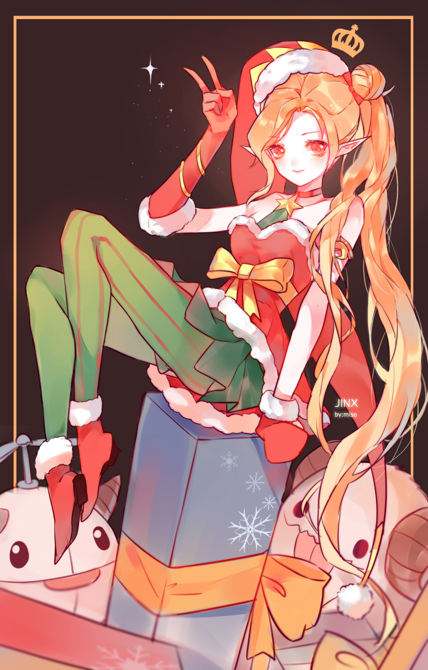 ambitious_elf_jinx blonde_hair boots choker christmas female gloves hat jinx_(league_of_legends) league_of_legends long_hair pointy_ears santa_hat skirt thighhighs