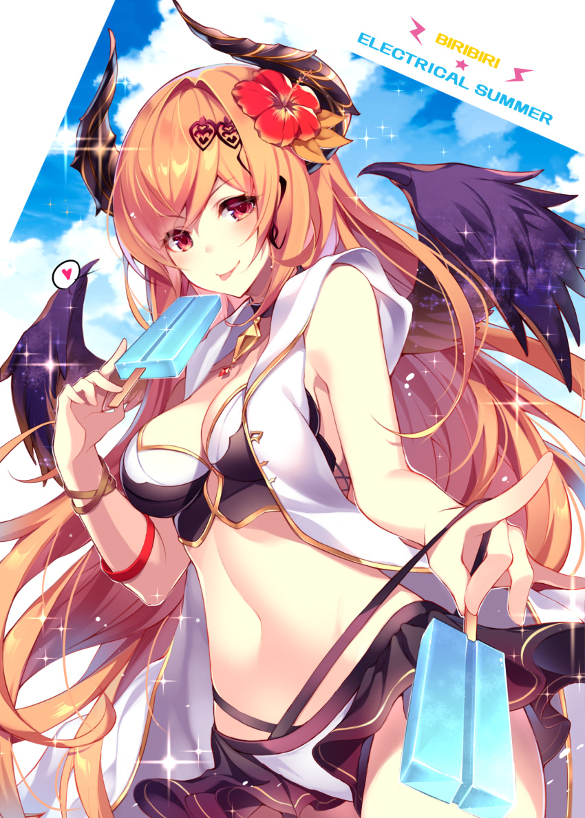 :p bad_id bad_pixiv_id blue_sky breasts cleavage cloud commentary_request curled_horns dark_angel_olivia day female flower food granblue_fantasy hair_flower hair_ornament highres homaderi horns long_hair looking_at_viewer medium_breasts navel olivia_(summer)_(granblue_fantasy) orange_hair popsicle red_eyes sky solo sparkle swimsuit tongue tongue_out wings