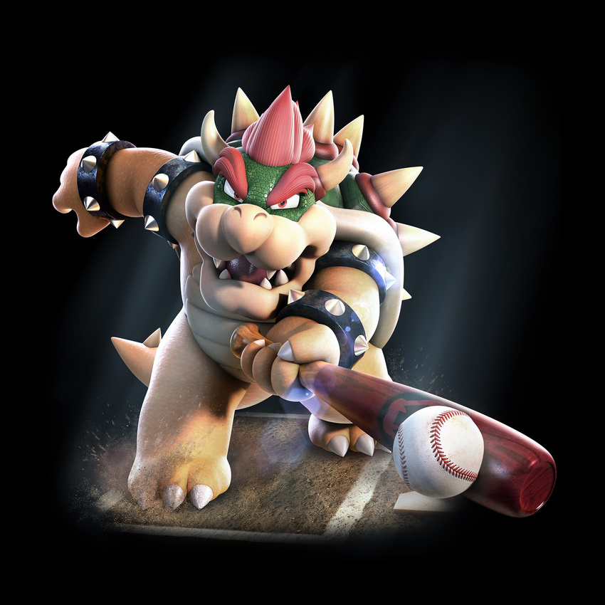 1boy 3d baseball baseball_bat black_background bowser colored_skin furry furry_male green_skin highres male_focus mario_(series) mario_sports_superstars official_art red_eyes red_hair simple_background solo yellow_skin