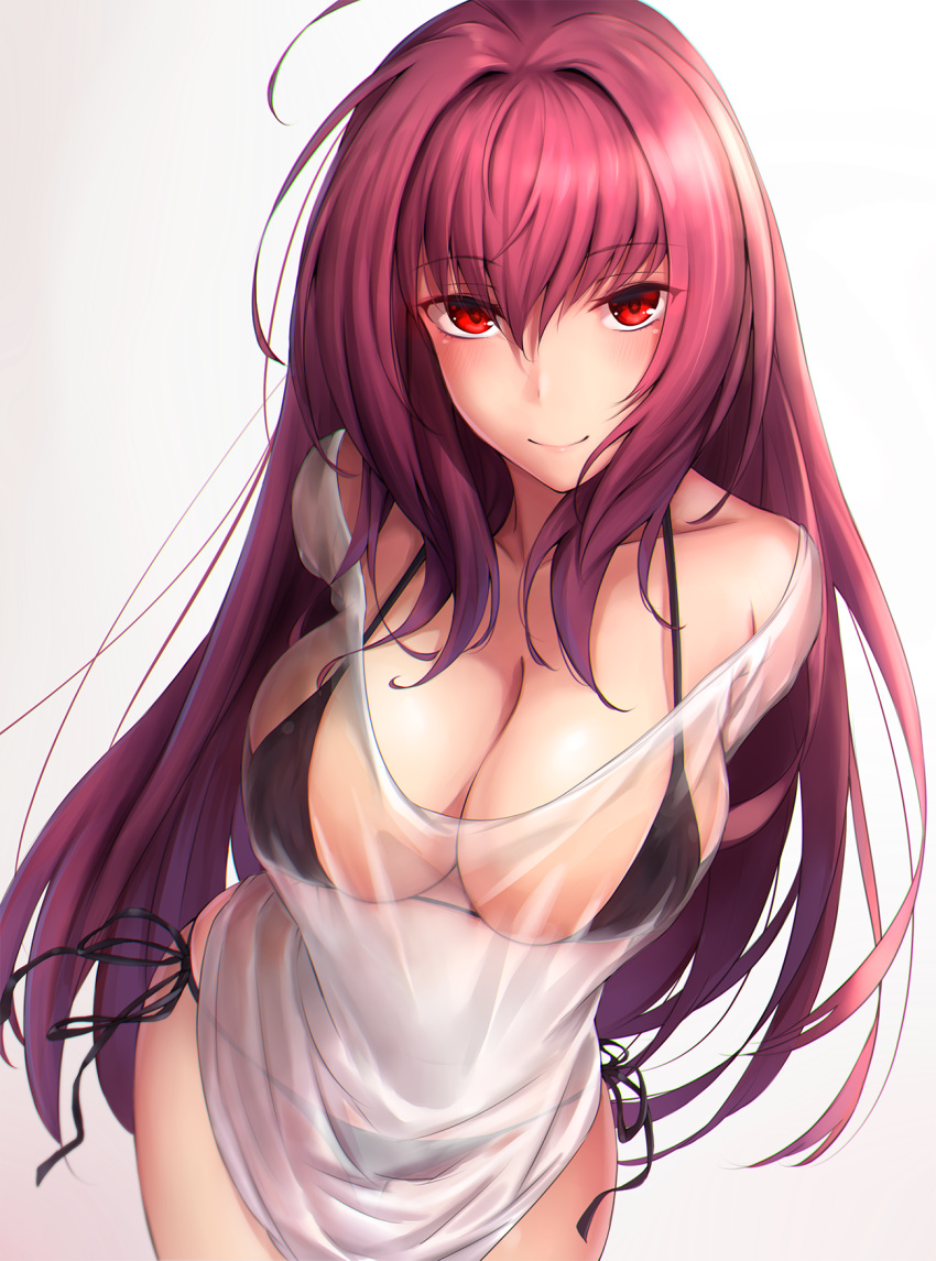 alternate_costume arms_behind_back bare_shoulders bikini black_bikini breasts cleavage collarbone commentary_request contemporary fate/grand_order fate_(series) female from_above hair_between_eyes hair_intakes halterneck highres large_breasts leaning_forward long_hair looking_at_viewer lun7732 partial_commentary purple_eyes purple_hair scathach_(fate) see-through shirt side-tie_bikini_bottom skindentation solo swimsuit very_long_hair wet wet_clothes wet_shirt white_shirt