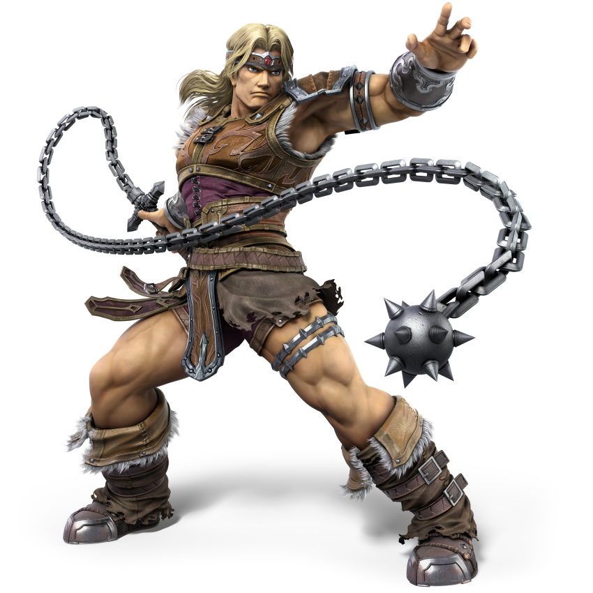 1boy 3d absurdres armband armor artist_request belt blonde_hair blue_eyes boots castlevania_(series) chain_whip chains fighting_stance full_body fur_trim game_model gauntlets headband highres holding holding_weapon long_hair male_focus muscular official_art shoulder_pads simon_belmont solo standing super_smash_bros. thigh_strap transparent_background weapon whip