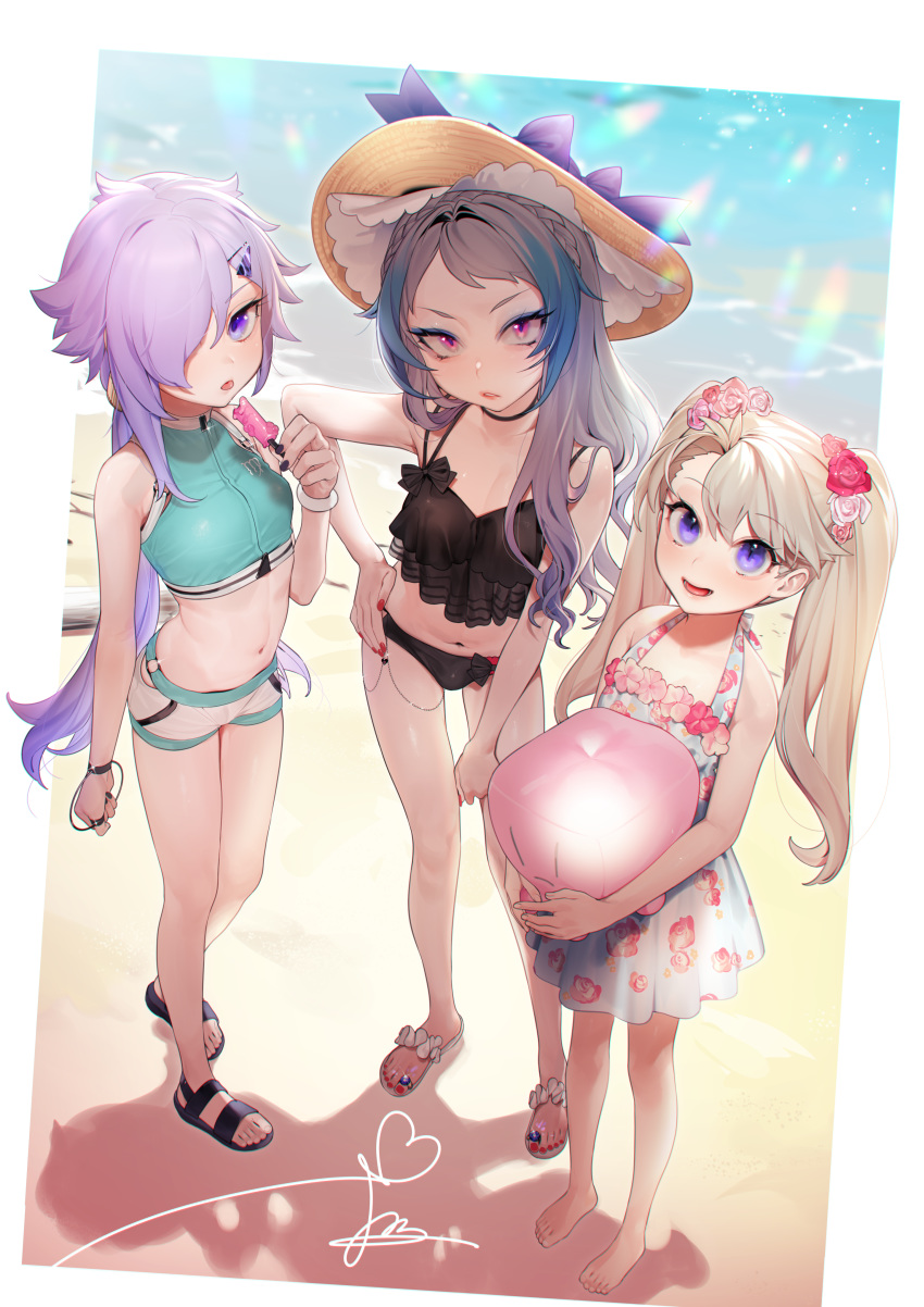 1boy 2girls :d absurdres bad_id bad_pixiv_id bare_legs barefoot beach bikini black_bikini blonde_hair bracelet breasts bulge commentary day die_(ohisashiburi) dress floral_print flower food full_body hair_flower hair_ornament hair_over_one_eye hairclip hand_on_own_hip hat herme_(ohisashiburi) highres jewelry long_hair long_legs looking_at_viewer multiple_girls nail_polish ocean ohisashiburi open_mouth original otoko_no_ko outdoors outside_border parted_lips pink_eyes popsicle print_dress purple_eyes purple_hair purple_hair_girl_(ohisashiburi) red_nails sandals shadow shorts small_breasts smile standing sun_hat sundress swimsuit tankini tareme toenail_polish toenails tongue tongue_out tsurime twintails very_long_hair