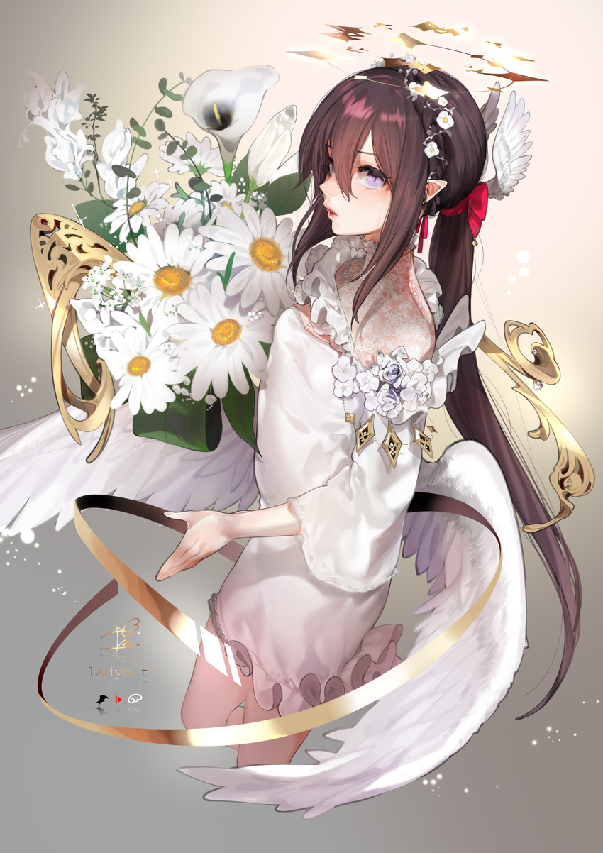 absurdres angel angel_wings bad_id bad_pixiv_id bouquet braid breasts brown_hair calla_lily chamomile character_name commentary_request cowboy_shot crown_braid daisy dress dress_flower eyelashes feathered_wings female fingernails floral_print flower genderswap_(mtf) gradient_background hair_between_eyes hair_flower hair_ornament hair_ribbon halo head_wings head_wreath highres holding holding_bouquet lace lady_bat leaf leg_up lips long_hair long_sleeves looking_at_viewer low_ponytail low_wings mermaid_melody_pichi_pichi_pitch nail_polish nose ohisashiburi open_mouth parted_lips pink_lips pink_nails plant pointy_ears ponytail purple_eyes red_ribbon revision ribbon rose rose_print rule_63 sidelocks sleeves_past_elbows slit_pupils small_breasts solo spread_wings standing standing_on_one_leg stenciled_rose turtleneck very_long_hair white_dress white_flower white_rose white_wings wings