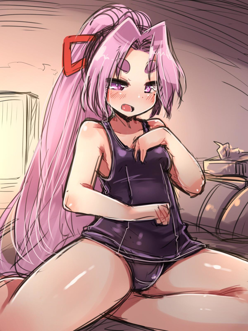 alternate_costume amagaeru_(hylathewet) bare_shoulders blush commentary_request female hair_ribbon hatsuharu_(kancolle) highres kantai_collection long_hair looking_at_viewer one-piece_swimsuit ponytail purple_eyes purple_hair ribbon school_swimsuit short_eyebrows sitting smile solo swimsuit tissue tissue_box very_long_hair