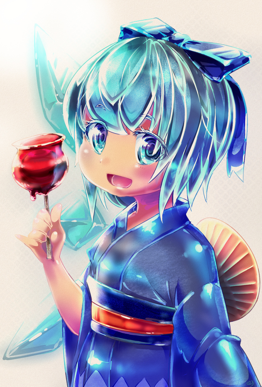 blue_eyes blue_hair blush bow candy_apple cirno cirno_day commentary_request female food hairbow highres ice ice_wings japanese_clothes kimono open_mouth partial_commentary pmx short_hair smile solo touhou wings yukata