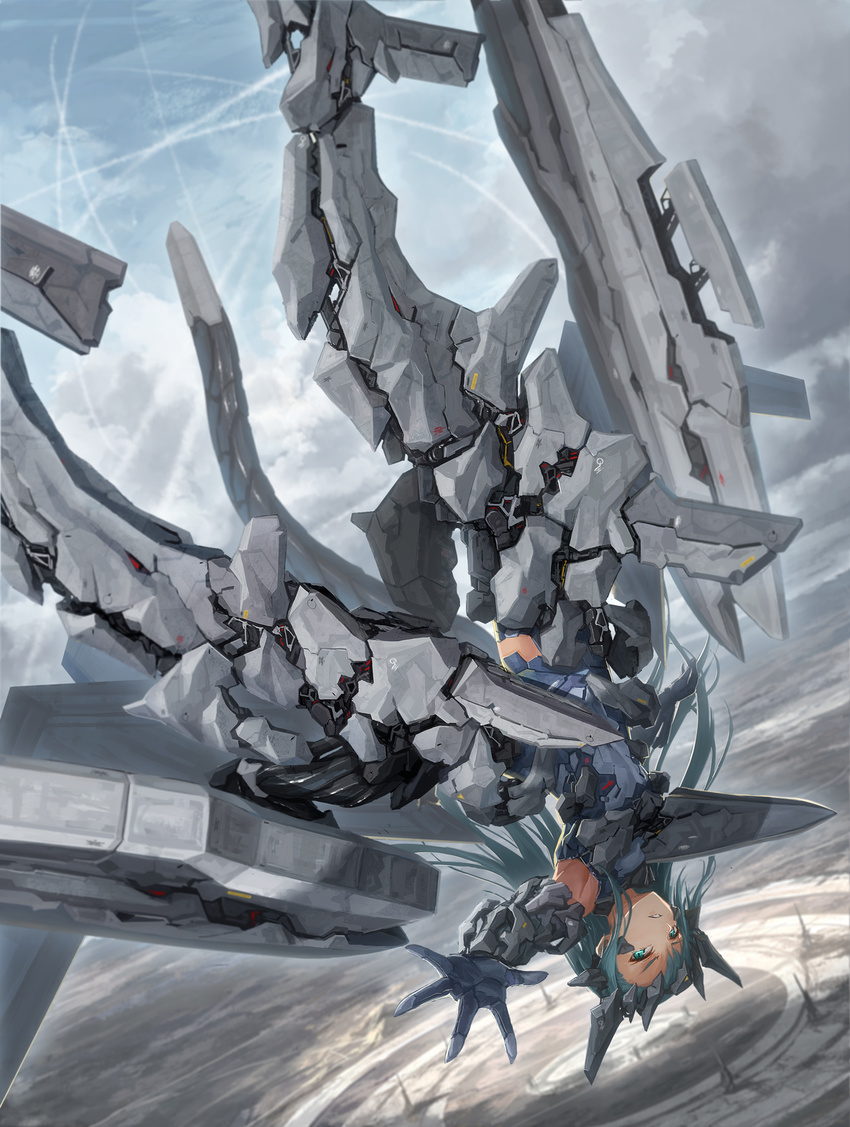 ace_combat aqua_eyes aqua_hair armor cloud commentary_request contrail elbow_gloves falling from_above gloves highres horizon long_hair looking_at_viewer mecha_musume original outstretched_arm personification railgun sky stonehenge_turret_network tom-neko_(zamudo_akiyuki) tower x-02_wyvern