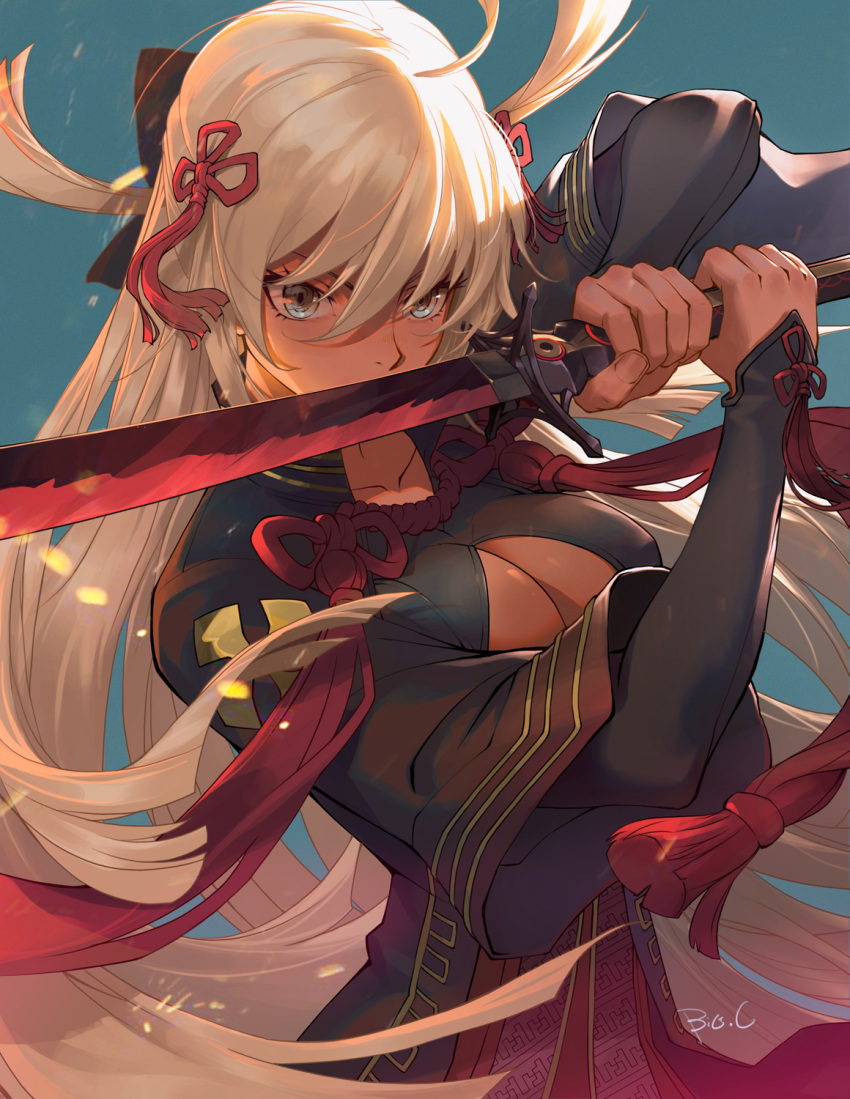 ahoge arm_guards arm_up big.c black_bow black_coat blue_background bow breasts coat collarbone commentary_request crest dark-skinned_female dark_skin family_crest fate/grand_order fate_(series) female fighting_stance fingernails floating_hair grey_eyes hair_between_eyes hair_ornament hairbow high_collar highres holding holding_sword holding_weapon light long_hair looking_at_viewer medium_breasts okita_souji_(fate) okita_souji_alter_(fate) open_clothes open_coat serious short_sleeves signature simple_background solo standing sword tassel tied_hair upper_body v-shaped_eyebrows very_long_hair weapon white_hair wide_sleeves wind