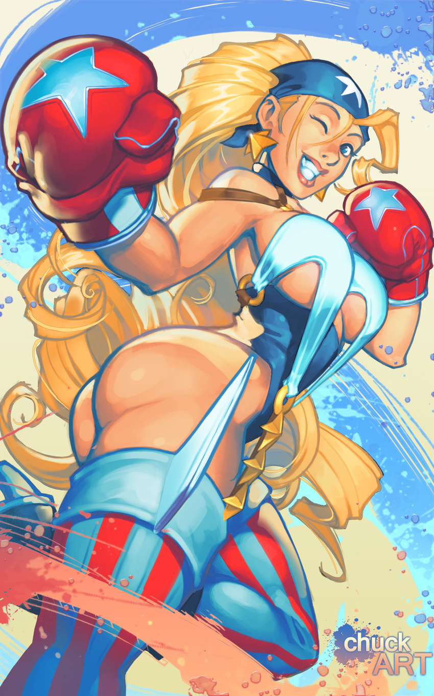 absurdres ass bandana blonde_hair boxing_gloves breasts capcom chuck_pires cleavage commentary english_commentary female highres justice_gakuen looking_at_viewer photoshop_(medium) solo striped_clothes striped_thighhighs thighhighs tiffany_lords