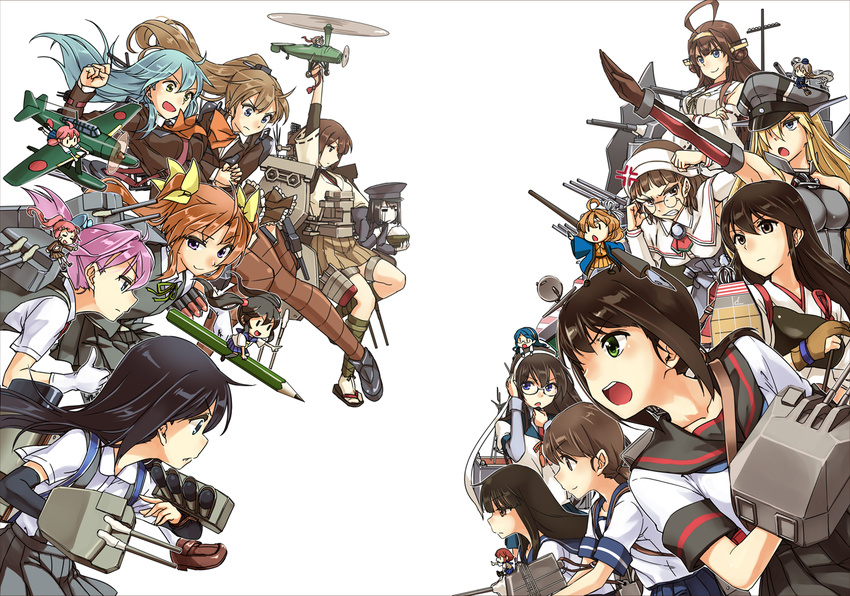 12.7cm_twin_gun_mount 6+girls 61cm_quintuple_(oxygen)_torpedo_mount abo_(hechouchou) ahoge akagi_(kancolle) akitsu_maru_(kancolle) akitsu_maru_kai_(kancolle) annoyed aqua_hair arm_warmers asashio_(kancolle) bare_shoulders bike_shorts bismarck_(kancolle) bismarck_drei_(kancolle) black_hair blonde_hair blue_eyes blunt_bangs brown_eyes brown_hair capelet commentary_request damage_control_goddess_(kancolle) detached_sleeves double_bun e16a_zuiun fairy_(kancolle) fleet_command_facility fubuki_(kancolle) fubuki_kai_ni_(kancolle) fumo25_radar glasses gloves green_eyes green_hair hair_bun hair_ornament hairband hairclip hat hatsuyuki_(kancolle) hime_cut hyuuga_(kancolle) japanese_clothes ka_type_observation_autogyro kagerou_(kancolle) kantai_collection kongou_(kancolle) kongou_kai_ni_(kancolle) kumano_(kancolle) long_hair machinery military military_uniform multiple_girls nontraditional_miko ooyodo_(kancolle) ooyodo_kai_(kancolle) open_mouth opposing_sides peaked_cap pencil pince-nez pink_hair ponytail purple_eyes roma_(kancolle) sailor_collar salute school_uniform shiranui_(kancolle) shirayuki_(kancolle) short_hair short_sleeves sidelocks skirt straight-arm_salute suspenders suzuya_(kancolle) thighhighs twintails type_13_air_radar_kai uniform wavy_hair white_background white_gloves zuiun_(kancolle)