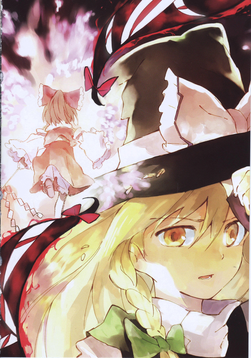 2girls absurdres blonde_hair bow braid brown_hair detached_sleeves gap_(touhou) gohei hairbow hakurei_reimu hat highres kirisame_marisa multiple_girls ogawa_maiko ribbon scan short_hair touhou witch_hat yellow_eyes