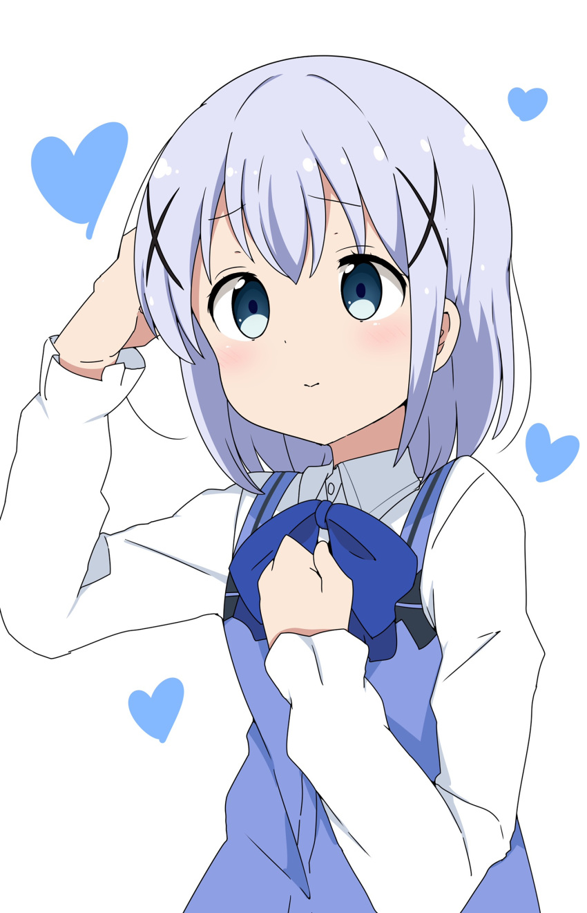 alternate_hair_length alternate_hairstyle blue_eyes blue_hair commentary_request female gochuumon_wa_usagi_desu_ka? hair_ornament heart highres kafuu_chino light_blue_hair rabbit_house_uniform riyo_(aokiwazumi) solo white_background x_hair_ornament