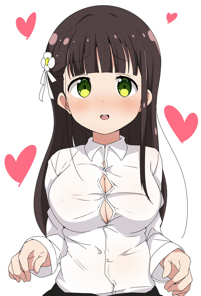 blunt_bangs blush breasts brown_hair cleavage commentary_request covered_nipples female gochuumon_wa_usagi_desu_ka? green_eyes heart highres large_breasts long_hair looking_at_viewer riyo_(aokiwazumi) solo ujimatsu_chiya