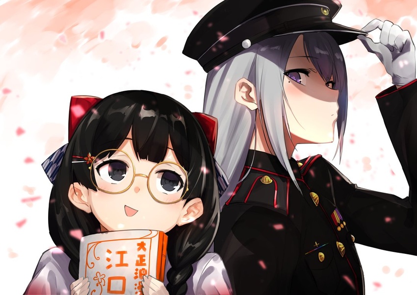 2girls :d bad_id bad_twitter_id bespectacled black_eyes black_hair blush book bow braid cherry_blossoms closed_mouth glasses gloves grey_hair hair_down hair_ornament hair_over_shoulder hairbow hairclip hat higuchi_kaede higuchi_kaede_(8th_costume) holding holding_book long_hair long_sleeves looking_at_another looking_to_the_side medal military military_hat military_uniform mole mole_under_eye multiple_girls nijisanji nuezou open_mouth petals purple_eyes round_eyewear smile smirk tsukino_mito tsukino_mito_(4th_costume) twin_braids uniform upper_body virtual_youtuber white_gloves