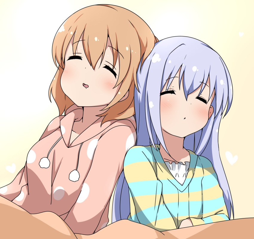 2girls blue_hair blush closed_eyes commentary_request drooling gochuumon_wa_usagi_desu_ka? highres hoto_cocoa kafuu_chino light_blue_hair long_hair multiple_girls orange_hair pajamas riyo_(aokiwazumi) short_hair sleeping sleeping_on_person