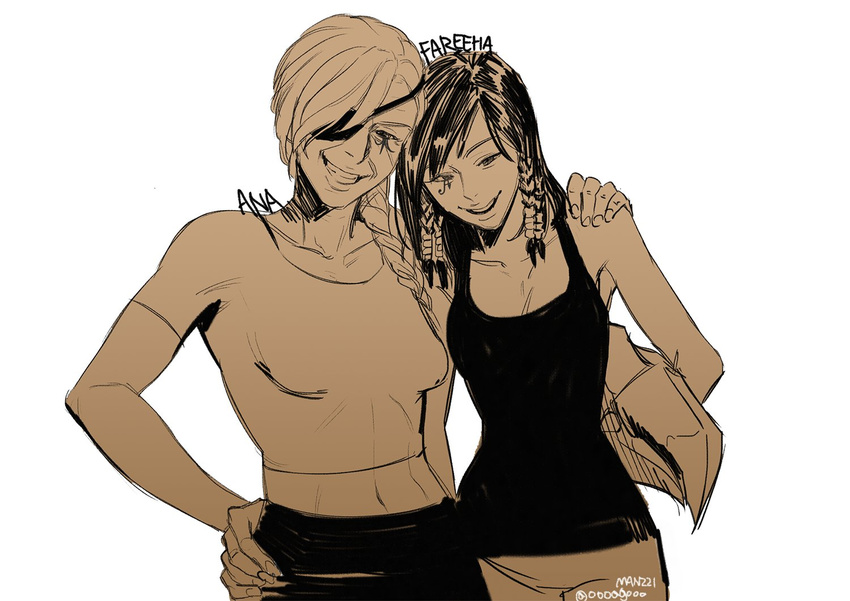 2girls :d ana_(overwatch) artist_name bad_id bad_twitter_id bare_shoulders braid breasts collarbone cowboy_shot dark-skinned_female dark_skin eye_of_horus eyepatch facial_mark facial_tattoo grin hair_tubes hand_on_another's_shoulder hand_on_own_hip long_braid long_hair looking_at_viewer manjji medium_breasts monochrome mother_and_daughter multiple_girls navel old old_woman open_mouth overwatch overwatch_1 pants pharah_(overwatch) shirt short_hair side_braids sidelocks smile tank_top tattoo teeth twitter_username