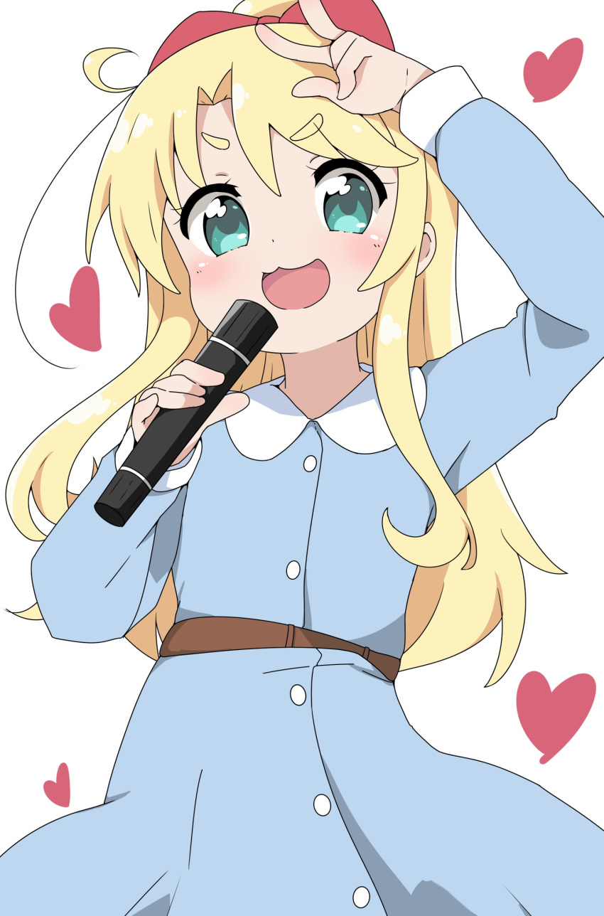 :3 :d aqua_eyes blonde_hair blush bow commentary_request female hairbow heart highres himesaka_noa long_hair looking_at_viewer microphone open_mouth ponytail riyo_(aokiwazumi) smile solo v watashi_ni_tenshi_ga_maiorita! white_background