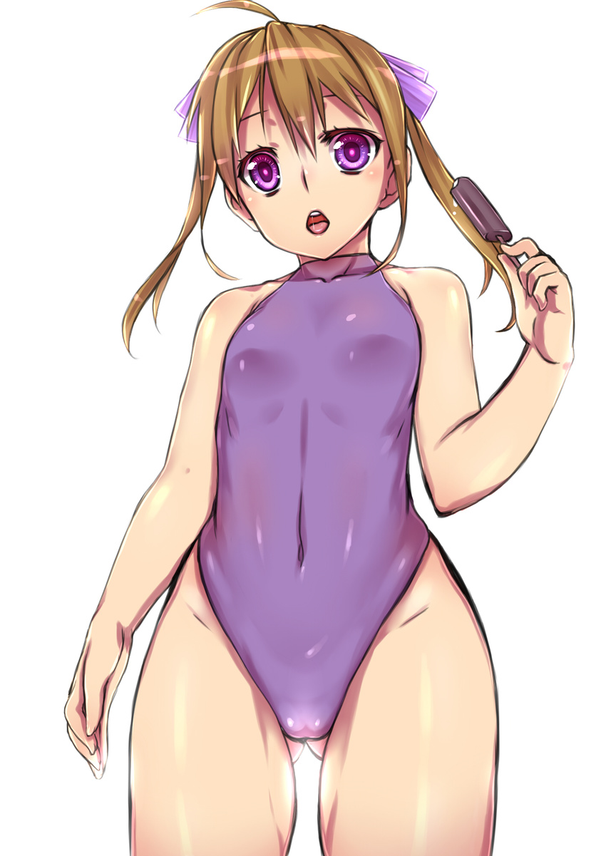 ahoge ass_visible_through_thighs bad_id bad_pixiv_id blonde_hair chiha_(abo_ecm_mk25) covered_navel female food hair_ribbon highres long_hair one-piece_swimsuit original popsicle purple_eyes purple_one-piece_swimsuit ribbon solo standing swimsuit twintails