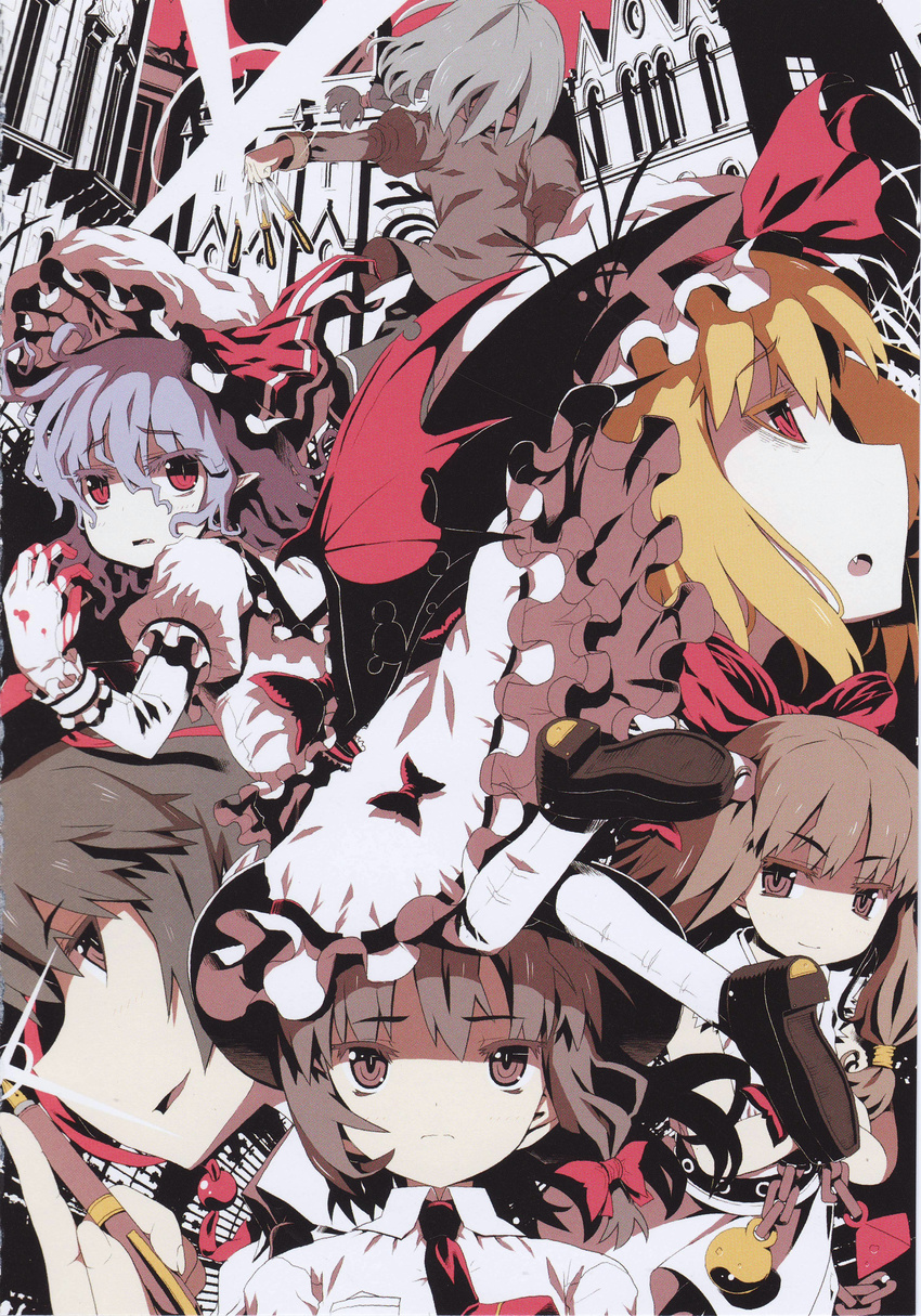 6+girls absurdres alternate_costume bat_wings black_hair blonde_hair blood blue_hair bow braid brown_eyes brown_hair chains flandre_scarlet frills grey_hair hat highres ibuki_suika izayoi_sakuya knife light_trail mob_cap multiple_girls necktie nib_pen_(object) no_headwear oerba_yun_fang ooide_chousuke open_mouth orange_hair pen pointy_ears red_eyes remilia_scarlet ribbon scan shameimaru_aya shoes short_hair smile soles sparkle tokin_hat touhou usami_renko wings