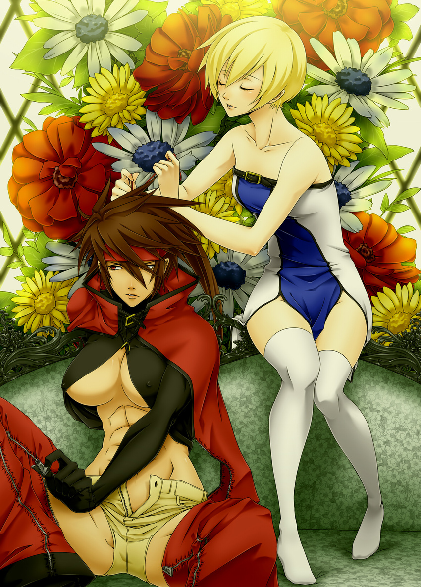 2girls abs bad_id bad_pixiv_id bare_shoulders blonde_hair breasts brown_hair closed_eyes collarbone covered_nipples eyelashes flower garden genderswap_(mtf) guilty_gear headband highres ky_kiske kyko large_breasts multiple_girls no_bra no_panties no_shoes playing_with_another's_hair red_eyes rule_63 short_hair shorts sol_badgal sol_badguy spread_legs sunflower thighhighs unbuttoned unzipped yumeoti