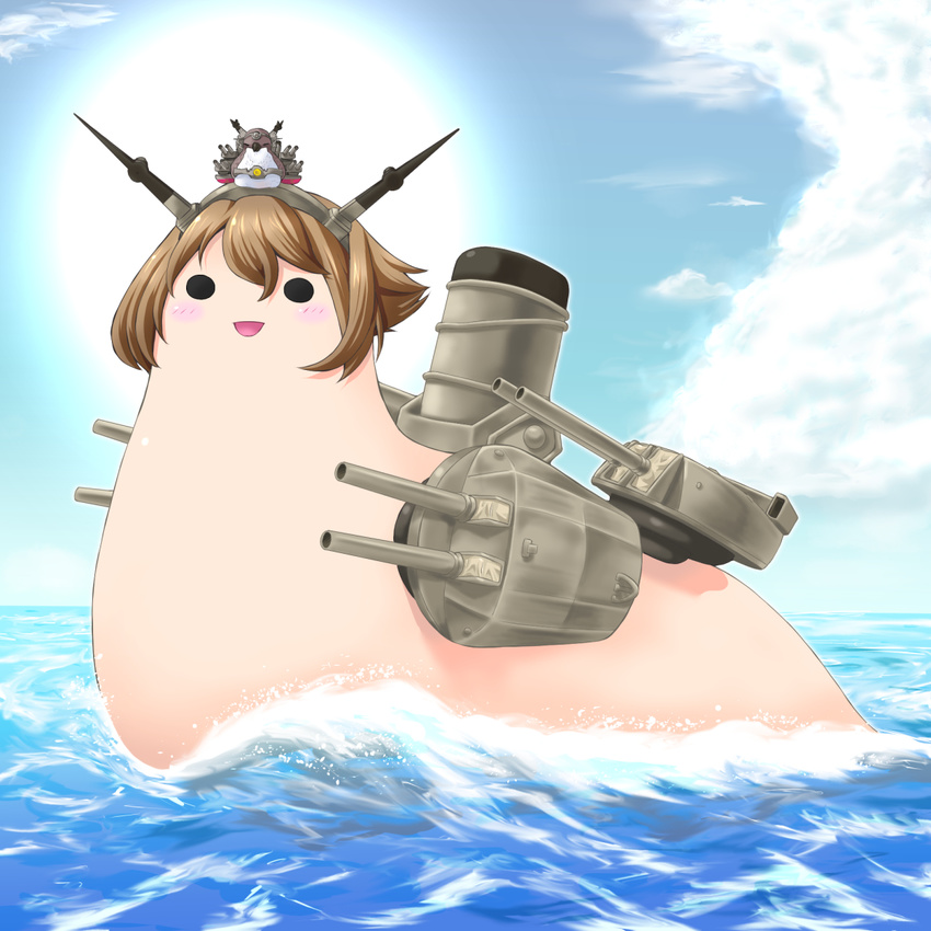 :d animalization bird cloud commentary_request day headgear highres kantai_collection mutsu_(kancolle) mutsu_(snail) nagato_(kancolle) no_humans open_mouth sailing short_hair sky smile snail sun turret yaso_shigeru