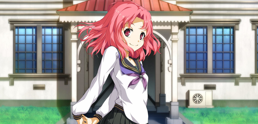 day female female game_cg looking_at_viewer medium_hair pink_eyes pink_hair school_uniform serafuku short_hair smile solo soushuu_senshinkan_gakuen_hachimyoujin sousyu_sensinkan-gakuen_hachimyoujin tatsunobe_ayumi