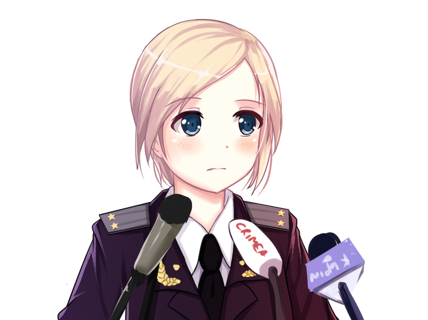 blonde_hair blue_eyes blush commentary female itachi_kanade microphone military military_uniform natalia_poklonskaya necktie real_life republic_of_crimea russia short_hair simple_background solo uniform white_background