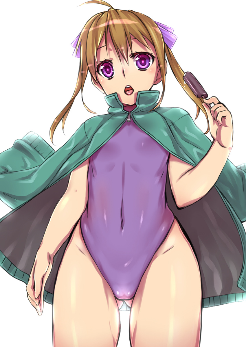 ahoge ass_visible_through_thighs bad_id bad_pixiv_id blonde_hair chiha_(abo_ecm_mk25) covered_navel female food hair_ribbon highres jacket long_hair one-piece_swimsuit original popsicle purple_eyes purple_one-piece_swimsuit ribbon solo standing swimsuit track_jacket twintails