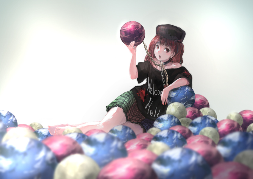 ball_pit bare_shoulders barefoot chains clothes_writing collar commentary_request earth_(planet) female hat hecatia_lapislazuli ichiba_youichi looking_at_viewer moon off_shoulder open_mouth planet red_eyes red_hair shirt sitting skirt solo touhou