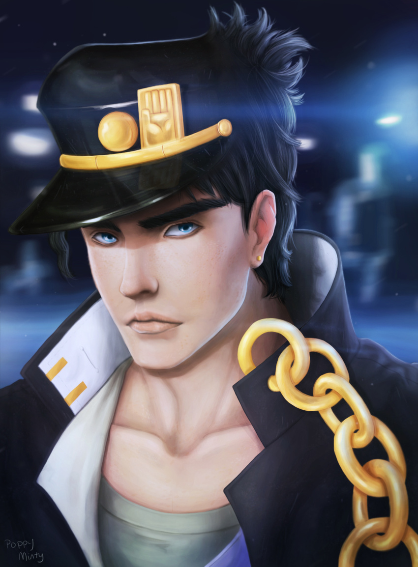 1boy artist_name black_hair blue_eyes blurry chains collarbone commentary_request depth_of_field earrings gakuran hat highres jewelry jojo_no_kimyou_na_bouken kujo_jotaro light light_particles male_focus photoshop_(medium) poppyminty portrait school_uniform signature solo