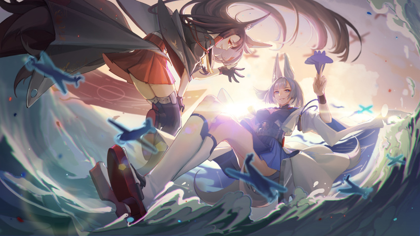 2girls akagi_(azur_lane) animal_ears azur_lane black_kimono blue_eyes blunt_bangs breasts brown_hair cleavage commentary eyeliner eyeshadow fox_ears fox_girl fox_mask fox_tail gloves guan_tang_baozi hakama hakama_short_skirt hakama_skirt highres japanese_clothes kaga_(azur_lane) kimono kitsune long_hair makeup mask multiple_girls multiple_tails partially_fingerless_gloves photoshop_(medium) red_eyes red_skirt short_hair skirt tail white_hair white_kimono wide_sleeves