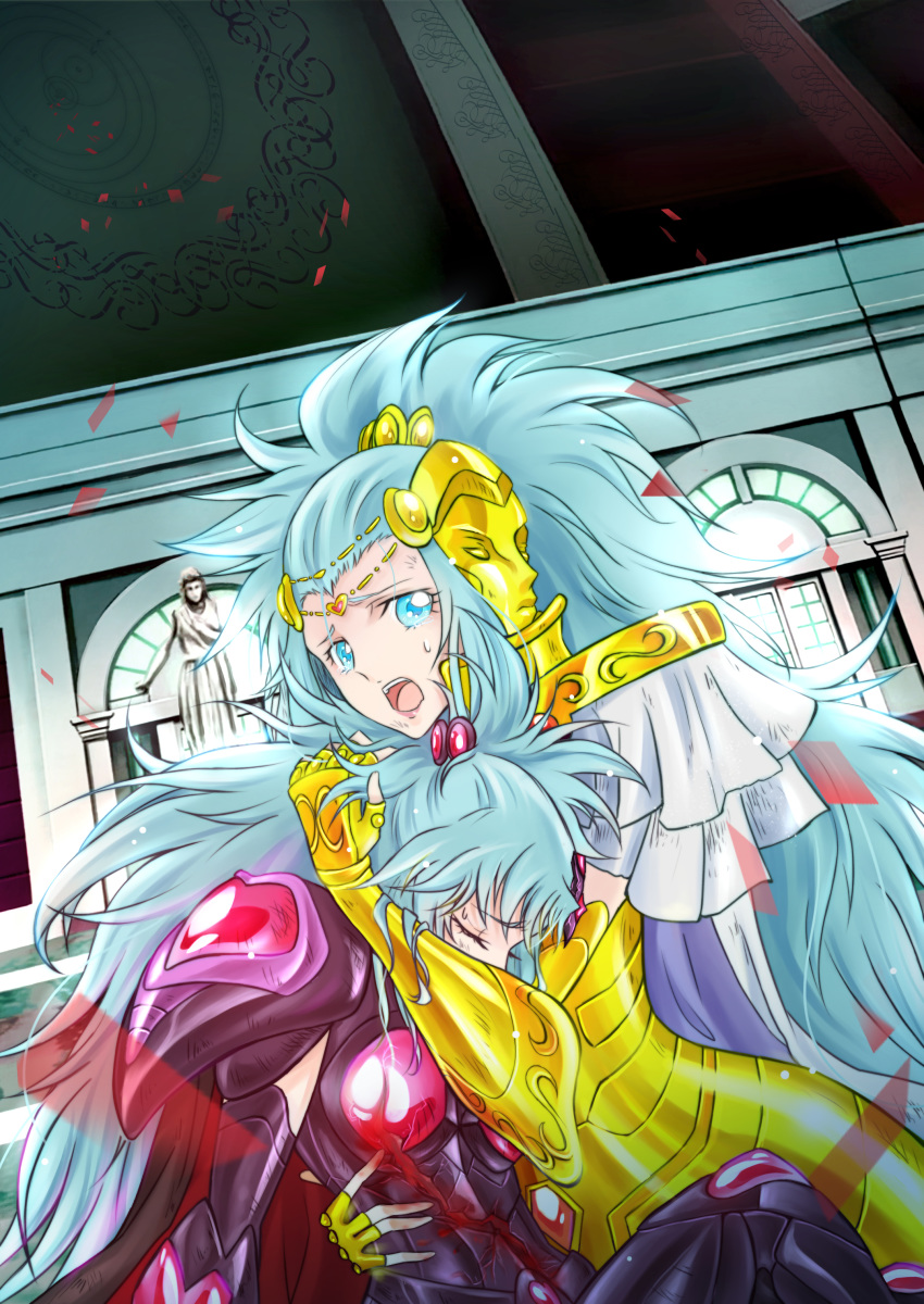 2girls :o absurdres armor blood blue_eyes blue_hair closed_eyes commentary crying crying_with_eyes_open death fingerless_gloves gemini_integra gemini_paradox gloves gold_armor gold_saint highres hug long_hair looking_at_viewer luode mask multiple_girls photoshop_(medium) saint_seiya saint_seiya_omega siblings sisters tears twins