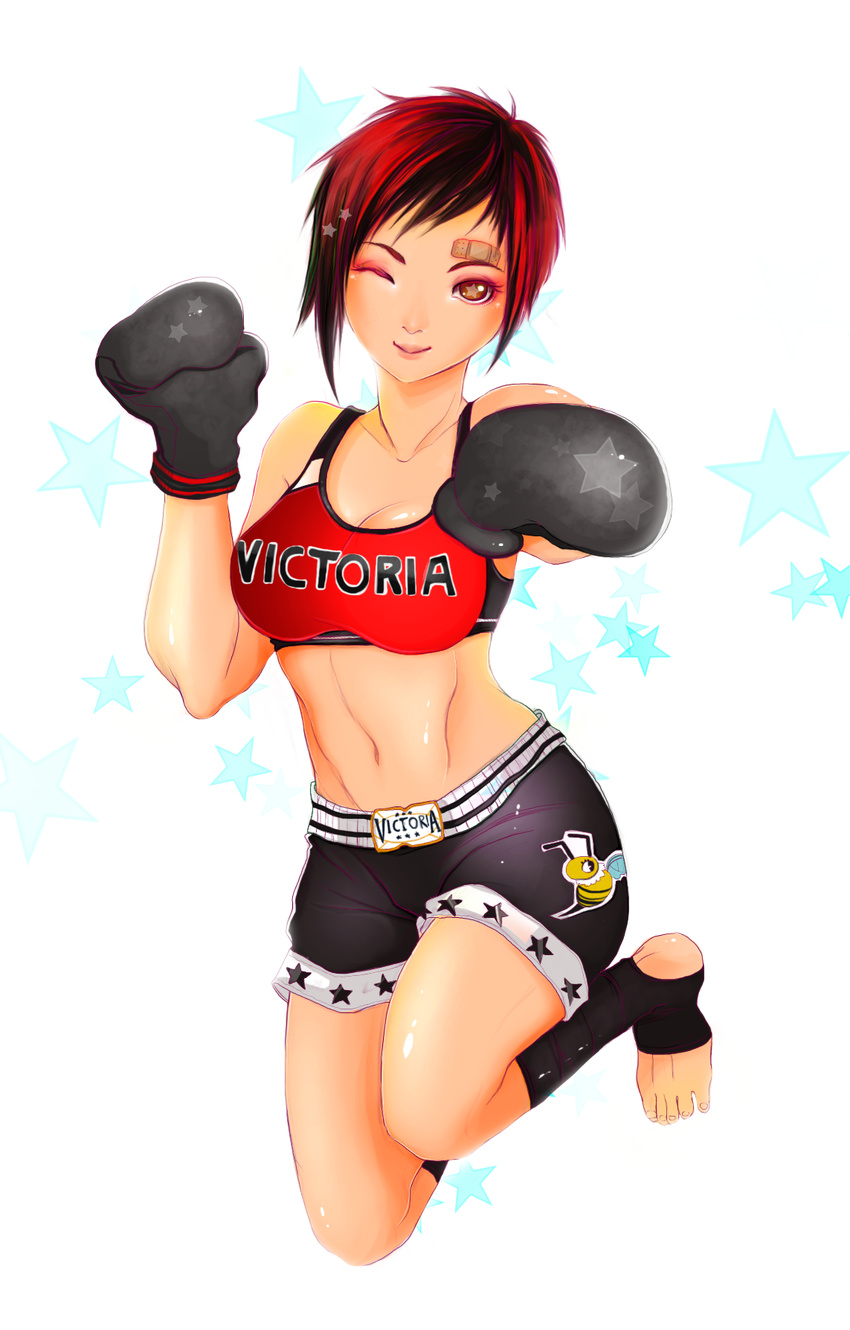 bad_id bad_pixiv_id barefoot boxing_gloves breasts brown_eyes cleavage dead_or_alive dead_or_alive_5 female highres large_breasts mila_(doa) mixed_martial_arts navel one_eye_closed red_hair short_hair smile solo sports_bra star-shaped_pupils star_(symbol) symbol-shaped_pupils tiuco toeless_legwear toes