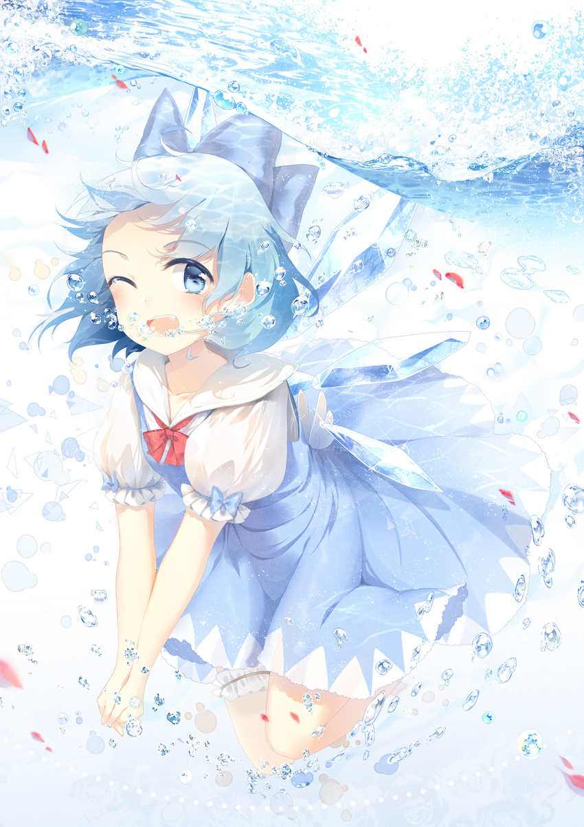 3000_xiao_chun absurdres blue_bow blue_eyes blue_hair blush bow cirno commentary female hairbow highres ice ice_wings looking_at_viewer one_eye_closed open_mouth photoshop_(medium) puffy_short_sleeves puffy_sleeves red_bow short_hair short_sleeves smile solo touhou underwater wings