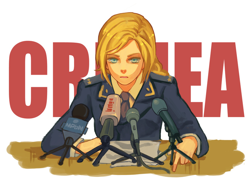 bad_id bad_pixiv_id blonde_hair blue_eyes female highres kaoru_(alicemakoto) long_hair microphone military military_uniform natalia_poklonskaya necktie open_mouth photoshop_(medium) real_life solo uniform upper_body