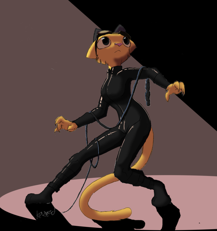 2017 anthro bluedraggy bodysuit boots clothed clothing digital_media_(artwork) domestic_cat felid feline felis female footwear fur hi_res katia_managan kazerad khajiit mammal microsoft prequel_adventure skinsuit solo tail text the_elder_scrolls tight_clothing yellow_body yellow_fur