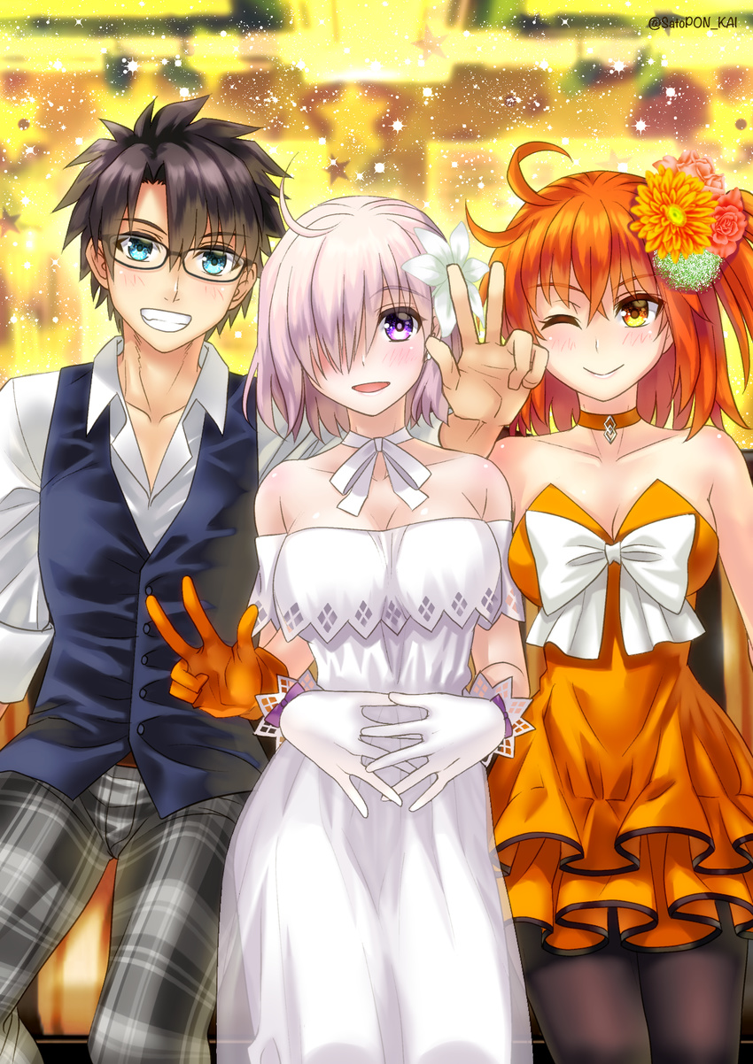 1boy 2girls ;) ahoge bare_shoulders bespectacled blue_eyes blush breasts brown_hair chaldea_logo choker commentary_request dress fate/grand_order fate_(series) flower frills fujimaru_ritsuka_(female) fujimaru_ritsuka_(female)_(starlight_fest) fujimaru_ritsuka_(male) fujimaru_ritsuka_(male)_(starlight_fest) glasses gloves grin hair_flower hair_ornament highres interlocked_fingers large_breasts mash_kyrielight mash_kyrielight_(formal_dress) medium_breasts multiple_girls oerba_yun_fang official_alternate_costume one_eye_closed orange_choker orange_dress orange_eyes orange_flower orange_hair orange_rose pants pantyhose plaid plaid_pants purple_eyes purple_hair ribbon ribbon_choker rose sato-pon smile sparkle sparkle_background spread_fingers star_(symbol) strapless strapless_dress twitter_username vest w white_choker white_flower white_gloves