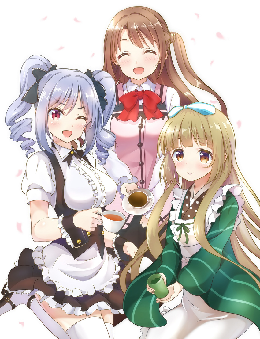 3girls :d ;d ^_^ alternate_costume ama_usa_an_uniform blush breasts brown_eyes brown_hair closed_eyes commentary_request cosplay cup drill_hair fleur_de_lapin_uniform gochuumon_wa_usagi_desu_ka? grey_hair highres hoto_cocoa hoto_cocoa_(cosplay) idolmaster idolmaster_cinderella_girls japanese_clothes kanzaki_ranko kirima_syaro kirima_syaro_(cosplay) large_breasts long_hair looking_at_viewer multiple_girls one_eye_closed one_side_up open_mouth rabbit_house_uniform red_eyes shimamura_uzuki smile teacup thighhighs twin_drills twintails uchida_maaya ujimatsu_chiya ujimatsu_chiya_(cosplay) v-shaped_eyebrows very_long_hair voice_actor_connection white_legwear wrotaryspirit yorita_yoshino