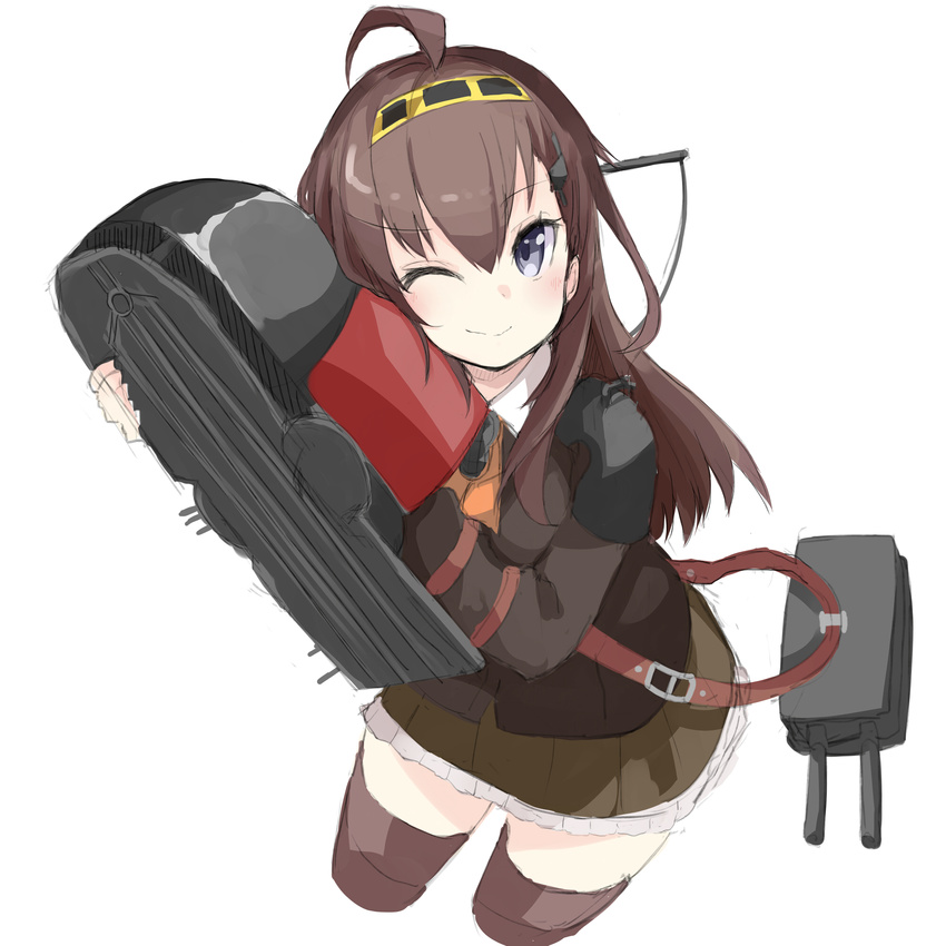 blazer brown_hair brown_thighhighs cannon commentary_request cosplay female flight_deck hairband highres jacket kantai_collection kongou_(kancolle) kou_mashiro long_hair one_eye_closed purple_eyes school_uniform shirt skirt smile solo suzuya_(kancolle) suzuya_(kancolle)_(cosplay) thighhighs turret