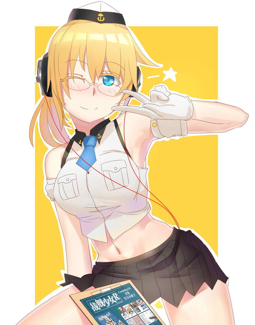 ;) bad_id bad_pixiv_id bare_shoulders blonde_hair blue_eyes blush clipboard cowboy_shot crop_top female glasses gloves hat headphones highres ira_(warship_girls_r) looking_at_viewer lulu_heika midriff miniskirt navel one_eye_closed pleated_skirt skirt smile solo star_(symbol) v warship_girls_r white_gloves