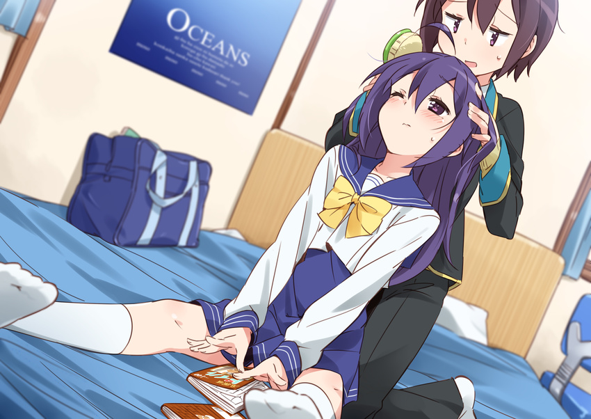 1boy bad_id bad_pixiv_id bag blurry book brother_and_sister brown_hair brush brushing_another's_hair brushing_hair commentary_request female gj-bu highres jitome kneeling long_hair mousou_(mousou_temporary) one_eye_closed purple_eyes purple_hair school_uniform shinomiya_kasumi shinomiya_kyouya short_hair siblings socks tareme