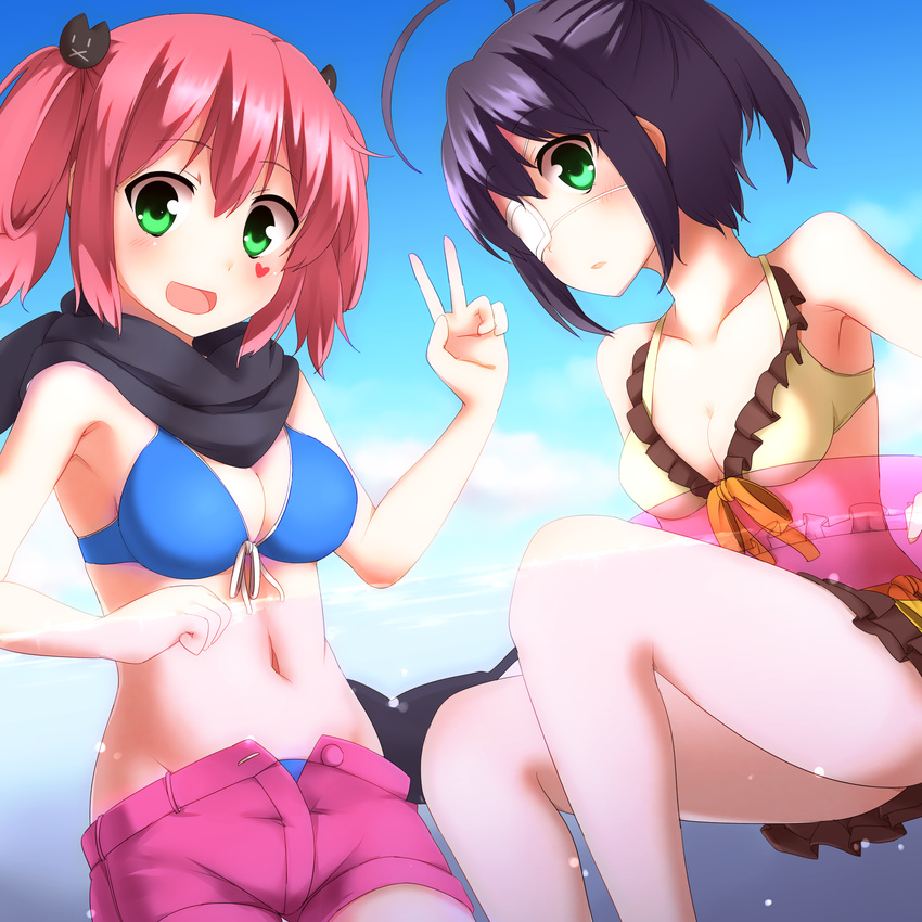 2girls bikini black_hair blush breasts chuunibyou_demo_koi_ga_shitai! cleavage commentary_request eyepatch faubynet frilled_bikini frills front-tie_top green_eyes hair_rings highres innertube looking_at_viewer md5_mismatch medical_eyepatch medium_breasts multiple_girls one_side_up open_fly open_mouth partially_submerged pink_hair scarf shichimiya_satone short_hair shorts swim_ring swimsuit takanashi_rikka twintails unzipped v