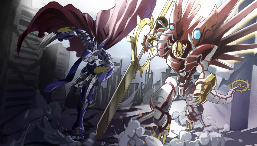 armor battle cape claws commentary_request destruction digimon digimon_(creature) digimon_savers digital_hazard dk_(13855103534) full_body holding holding_sword holding_weapon huge_weapon miragegaogamon no_humans rock shinegreymon standing sword weapon wings