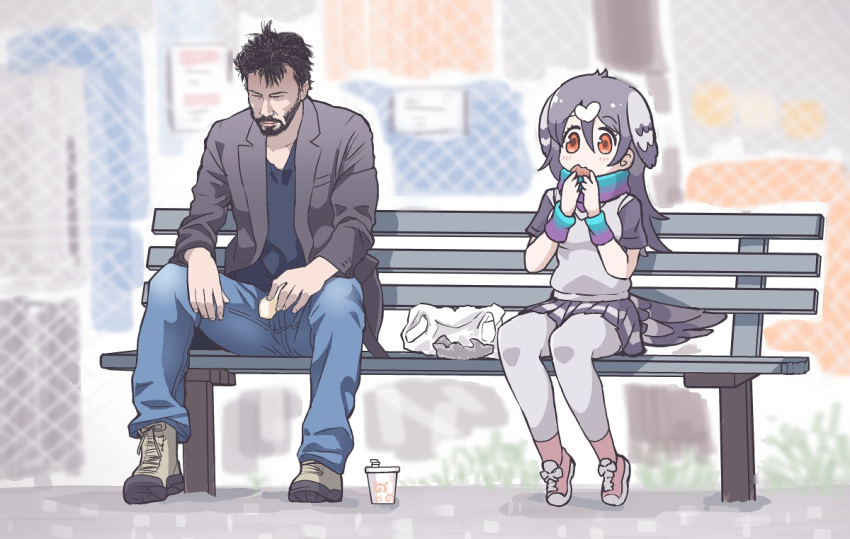 1boy bag bench blue_scarf chain-link_fence commentary cup disposable_cup eating english_commentary female fence gradient_scarf grey_hair grey_legwear grey_skirt grey_vest hair_between_eyes head_wings keanu_reeves kemono_friends long_hair meme miniskirt multicolored_clothes multicolored_scarf on_bench orange_eyes outdoors pantyhose pink_footwear plastic_bag pleated_skirt purple_scarf real_life rock_pigeon_(kemono_friends) sad_keanu_(meme) scarf short_sleeves sitting skirt tanaka_kusao three_quarter_view vest wings wristband