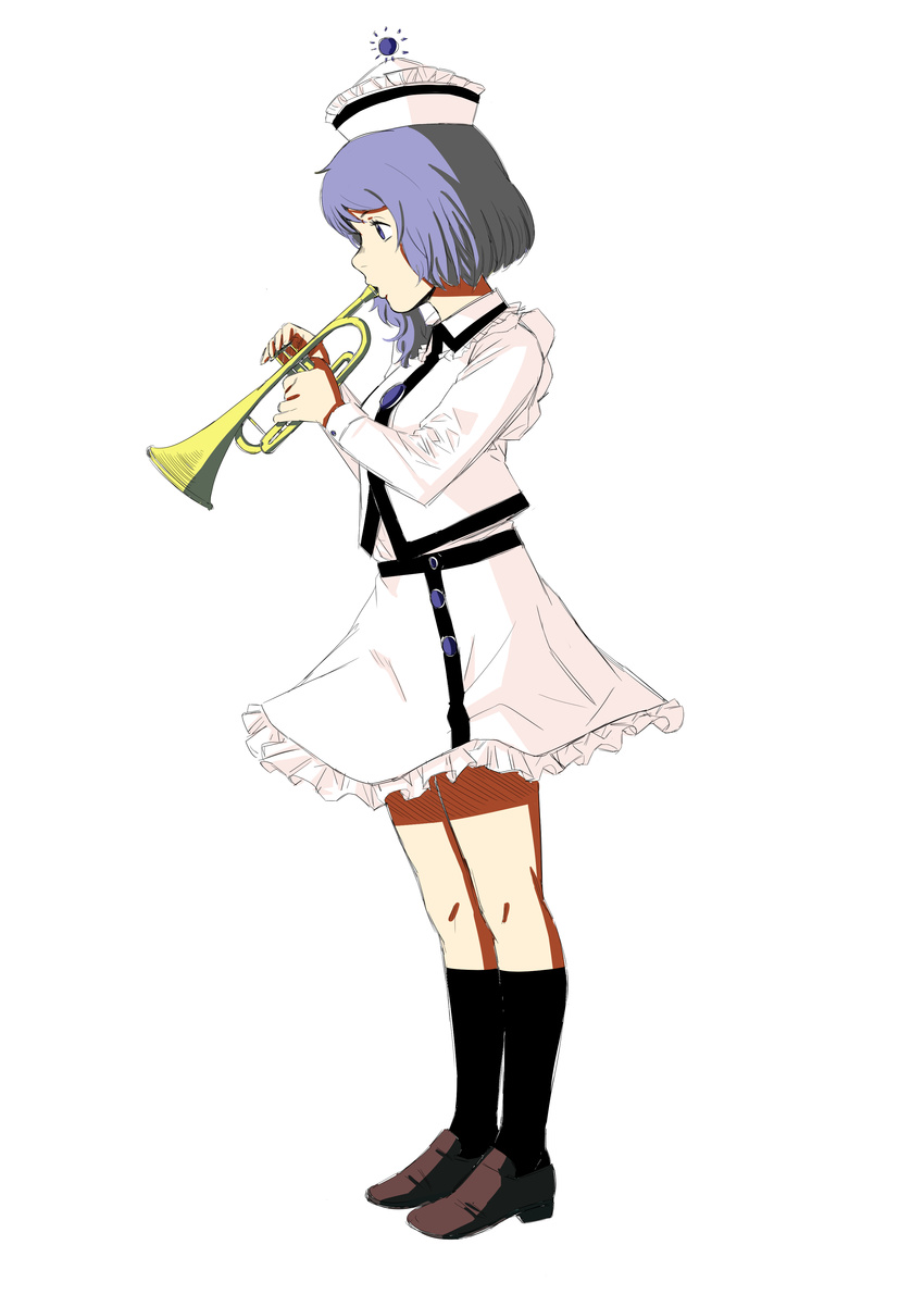 absurdres commentary_request female frilled_shirt_collar frilled_skirt frills full_body hat highres instrument kneehighs light_purple_hair long_sleeves merlin_prismriver mushroom_(osh320) music playing_instrument purple_eyes short_hair simple_background skirt socks solo touhou trumpet white_background white_skirt