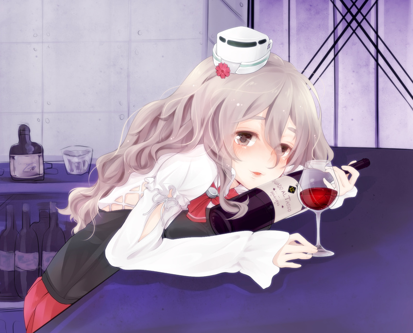 bad_id bad_pixiv_id bottle cointreau cup drinking_glass female grey_eyes grey_hair hair_between_eyes hat highres holding kantai_collection leaning_forward long_hair parted_lips pleated_skirt pola_(kancolle) red_skirt sitting skirt sleeves_past_wrists solo wavy_hair white_hat wine_bottle wine_glass