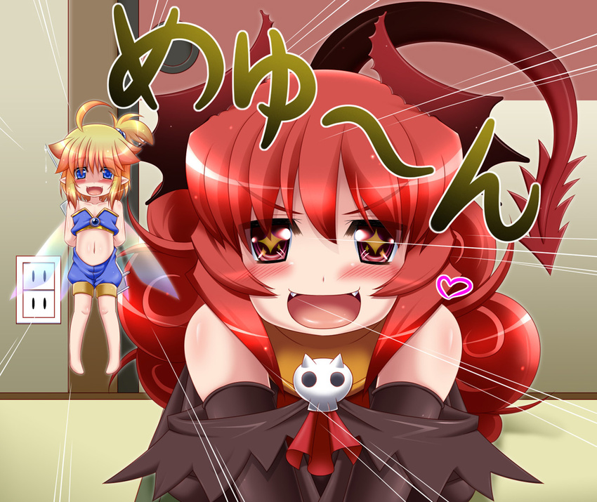 +_+ 2girls ahoge barefoot blonde_hair blue_eyes blush borrowed_character commentary_request crossover demon_girl demon_horns demon_tail elbow_gloves emphasis_lines fairy fairy_wings fangs flat_chest gloves horns long_hair maou_beluzel meyuu_(kso) midriff mini_person minigirl miso_panda multiple_girls navel open_mouth original photoshop_(medium) pigeon-toed pointy_ears red_eyes red_hair side_ponytail tail v_arms wings yuusha_to_maou