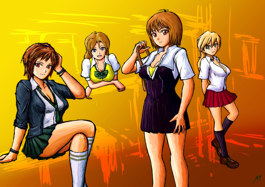 4girls alternate_costume bb_penaz blonde_hair bracelet breasts brown_hair cleavage commentary_request copyright_request crossed_legs crossover dead_or_alive dead_or_alive_5 ichinose_hibiki jewelry kiriya_satomi kisarah_westfield loose_necktie mila_(doa) multiple_crossover multiple_girls necktie red_hair school_uniform short_hair sitting socks true_love_story tsuukai_gangan_koushinkyoku