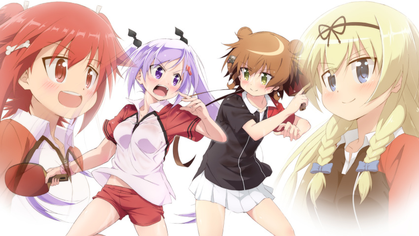 >:) 4girls bear_hair_ornament blonde_hair blue_eyes blush bone_hair_ornament bow braid brown_hair commentary_request directional_arrow_hair_ornament double_bun hair_bun hair_ornament hairbow highres impossible_clothes impossible_shirt imuta_(vaporization) kagurazaka_kohime kamiya_agari long_hair low_ponytail multiple_girls official_style open_mouth paddle pleated_skirt purple_eyes purple_hair red_eyes red_hair shakunetsu_no_takkyuu_musume shirt short_shorts shorts side_braids skirt sweat table_tennis_paddle tsukinowa_kumami tsumujikaze_koyori twin_braids twintails v-shaped_eyebrows wing_collar wristband yellow_eyes